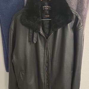 Wilson Black Leather Bomber Jacket with Plush Collar